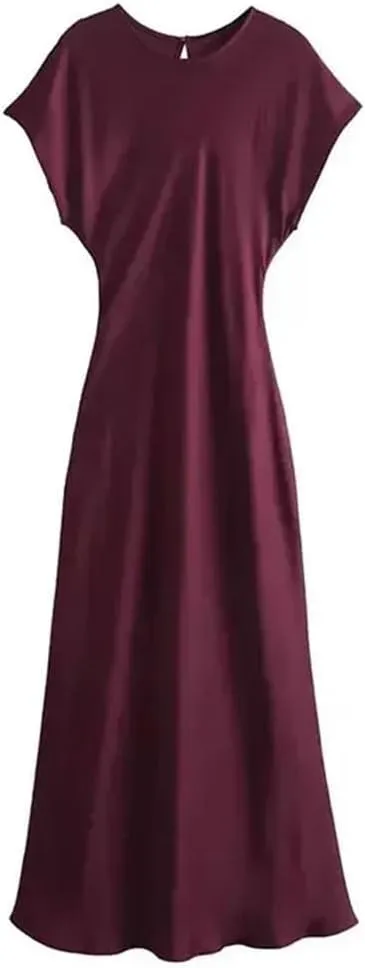 Woman Summer A-Line Midi Satin Dress Solid Vintage Elegant O-Neck Slim Evening Party Dress