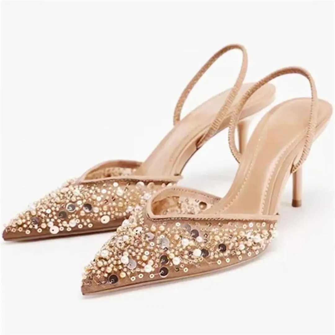 Women Bling String Bead Mesh High Heels Pointy Toe Breathable Sandals Elegant Slingbacks Party Pumps Thin Heels