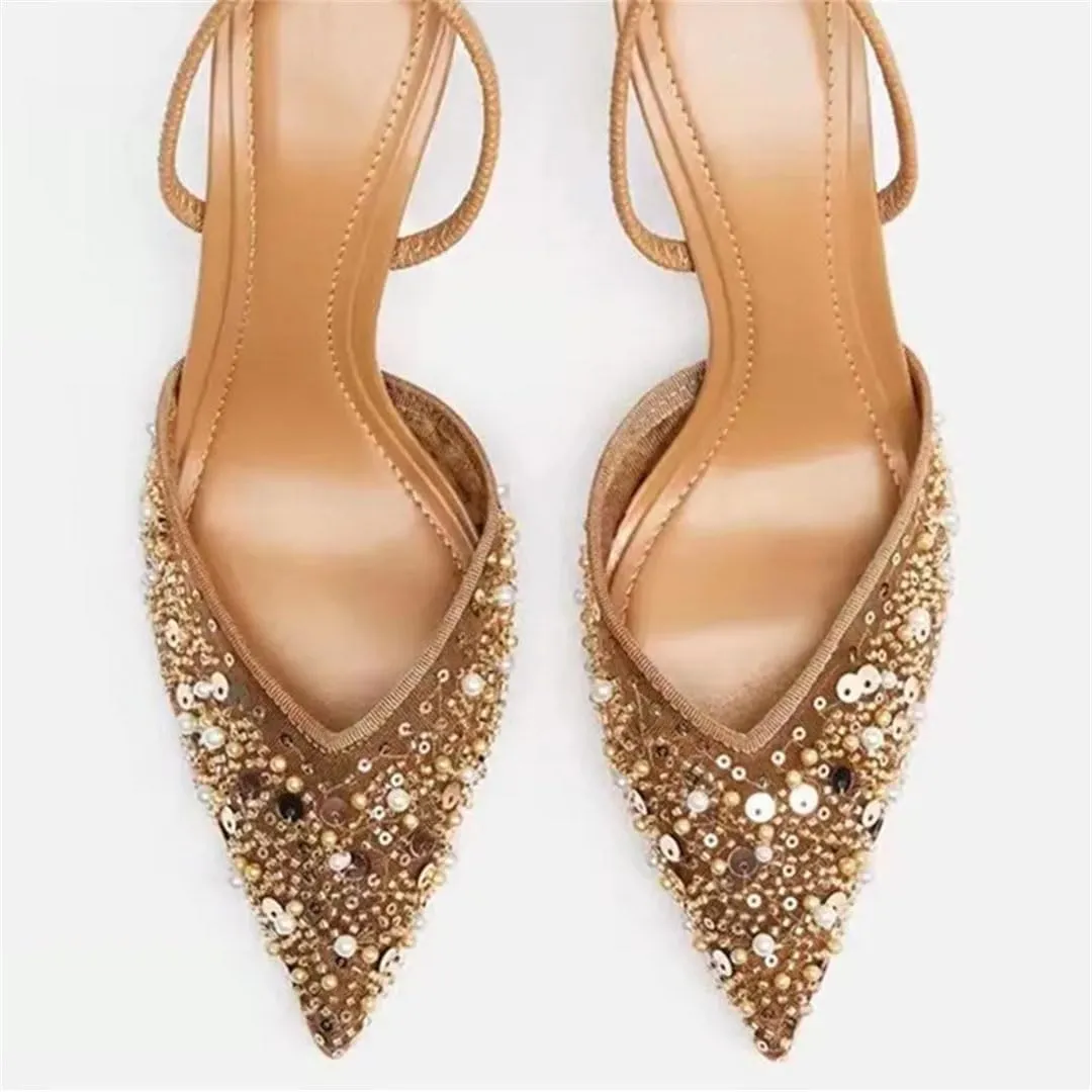 Women Bling String Bead Mesh High Heels Pointy Toe Breathable Sandals Elegant Slingbacks Party Pumps Thin Heels