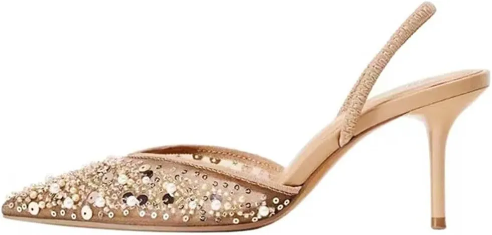 Women Bling String Bead Mesh High Heels Pointy Toe Breathable Sandals Elegant Slingbacks Party Pumps Thin Heels