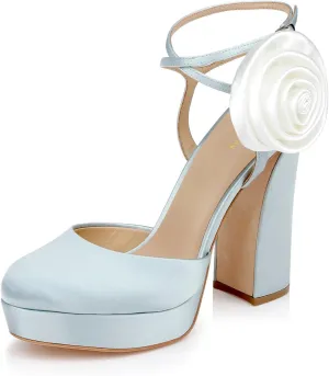 Women Closed Round Toe Side Flower Platform Satin Pumps Ankle Strap Chunky High Heels Elegant Wedding Prom Club Sandals Size 4-16 US