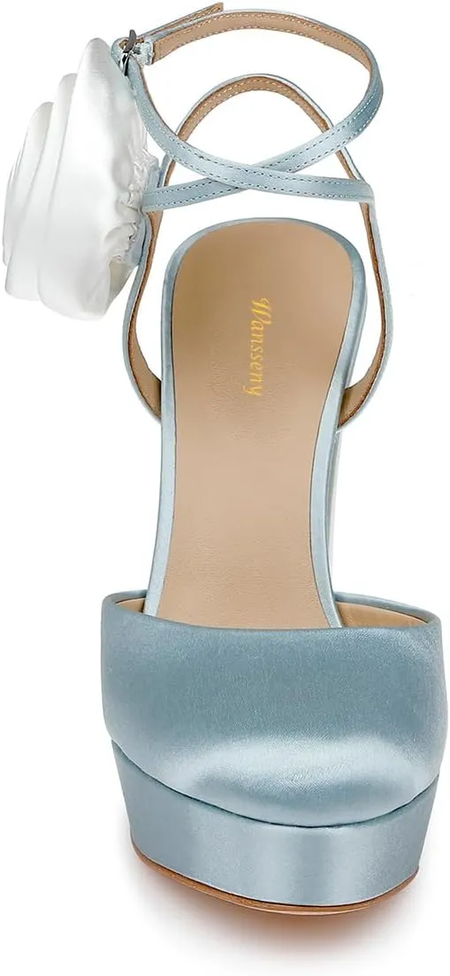 Women Closed Round Toe Side Flower Platform Satin Pumps Ankle Strap Chunky High Heels Elegant Wedding Prom Club Sandals Size 4-16 US
