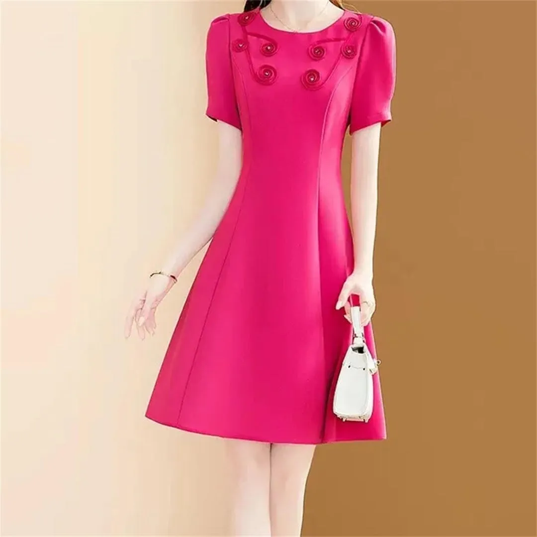 Women Dresses Elegant Floral Embroidery Dress Rose Short Sleeve Office A-Line Dresses