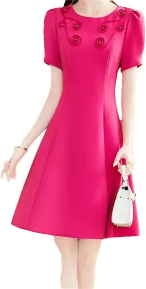 Women Dresses Elegant Floral Embroidery Dress Rose Short Sleeve Office A-Line Dresses