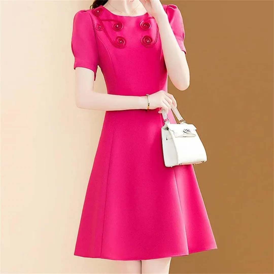 Women Dresses Elegant Floral Embroidery Dress Rose Short Sleeve Office A-Line Dresses