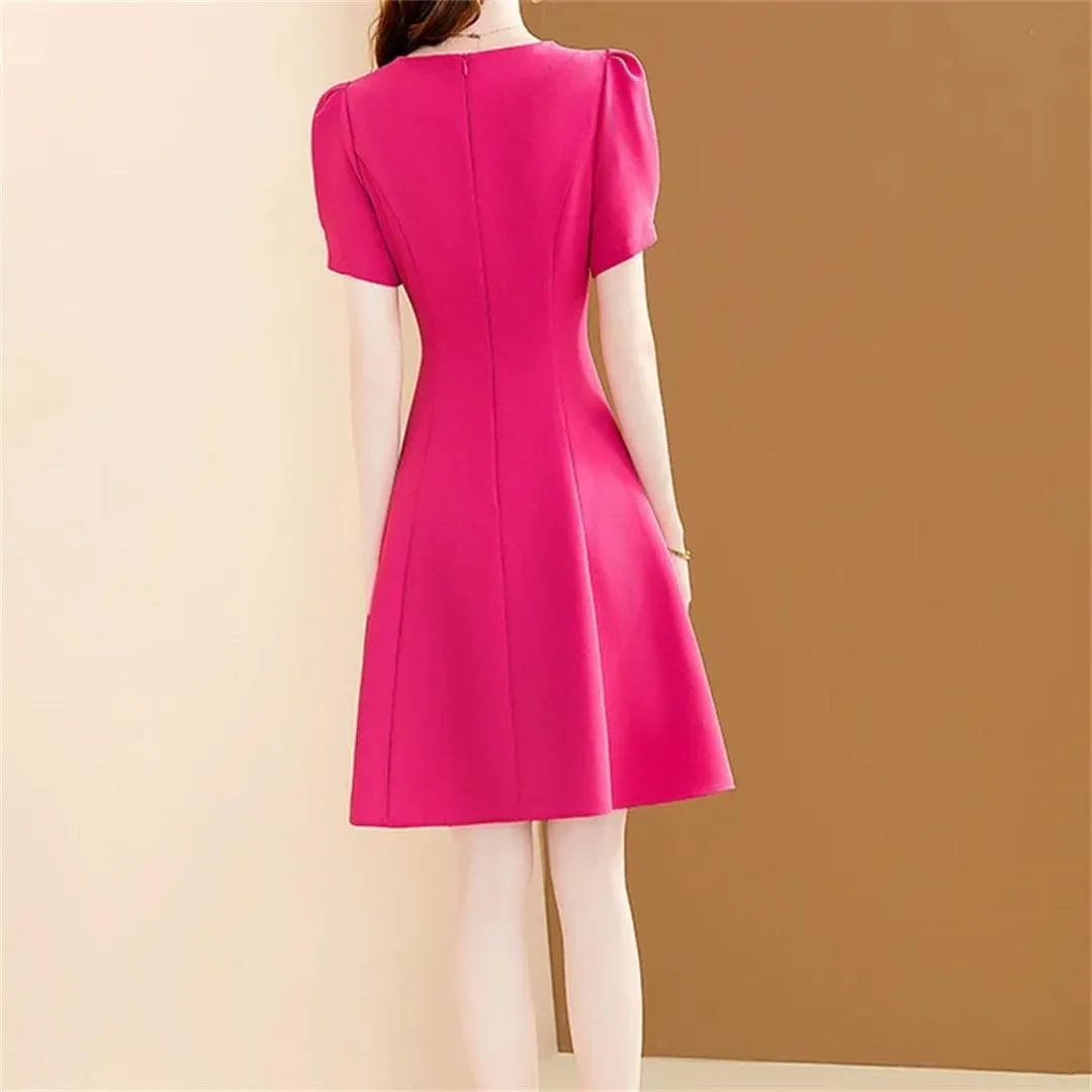 Women Dresses Elegant Floral Embroidery Dress Rose Short Sleeve Office A-Line Dresses