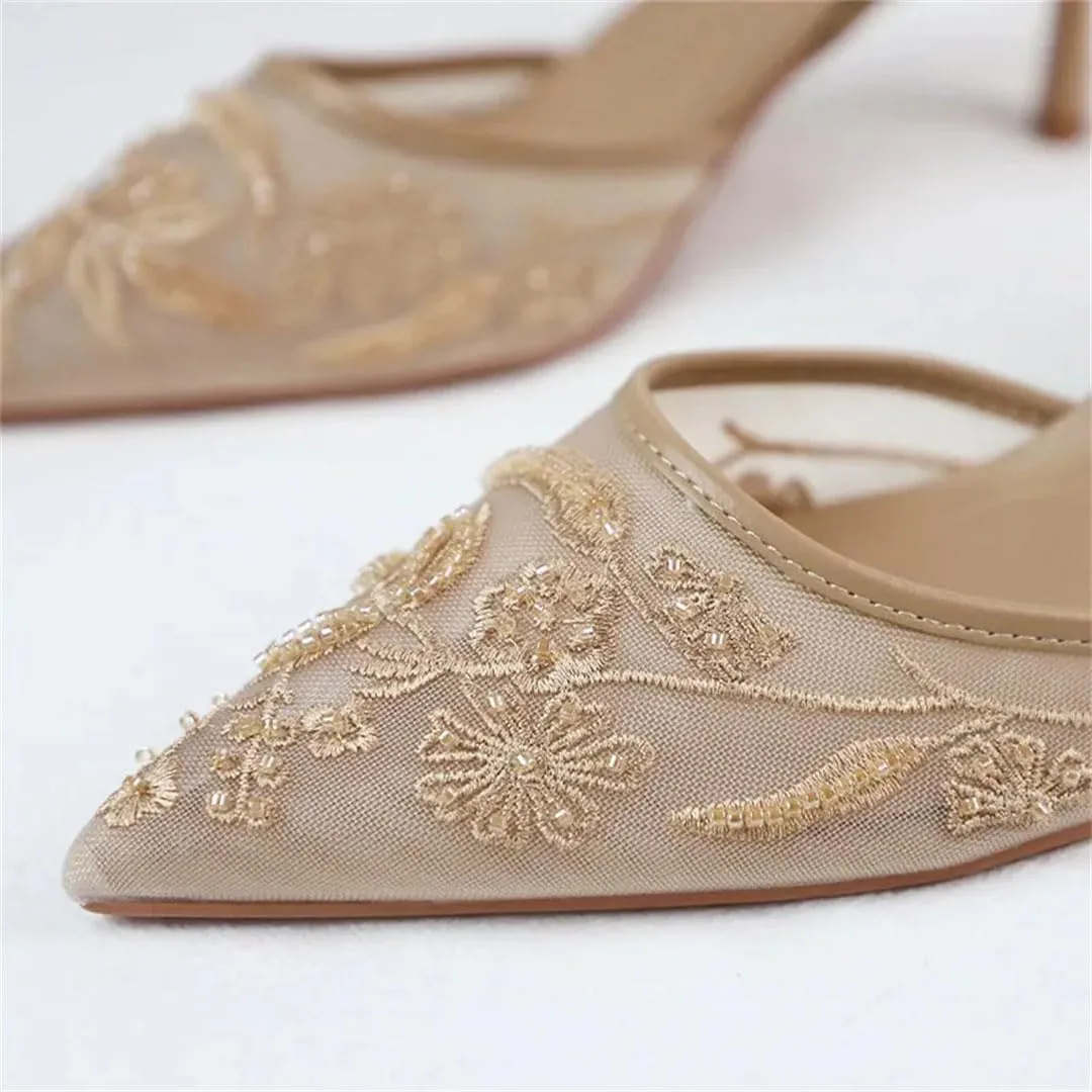 Women Embroidery Pointed Toe High Heels Sexy Slingback Heeled Sandals With Bead Ankle Strap Elegant Banquet Shoes