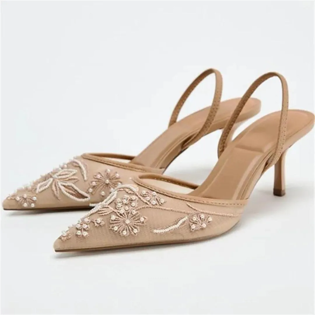 Women Embroidery Pointed Toe High Heels Sexy Slingback Heeled Sandals With Bead Ankle Strap Elegant Banquet Shoes