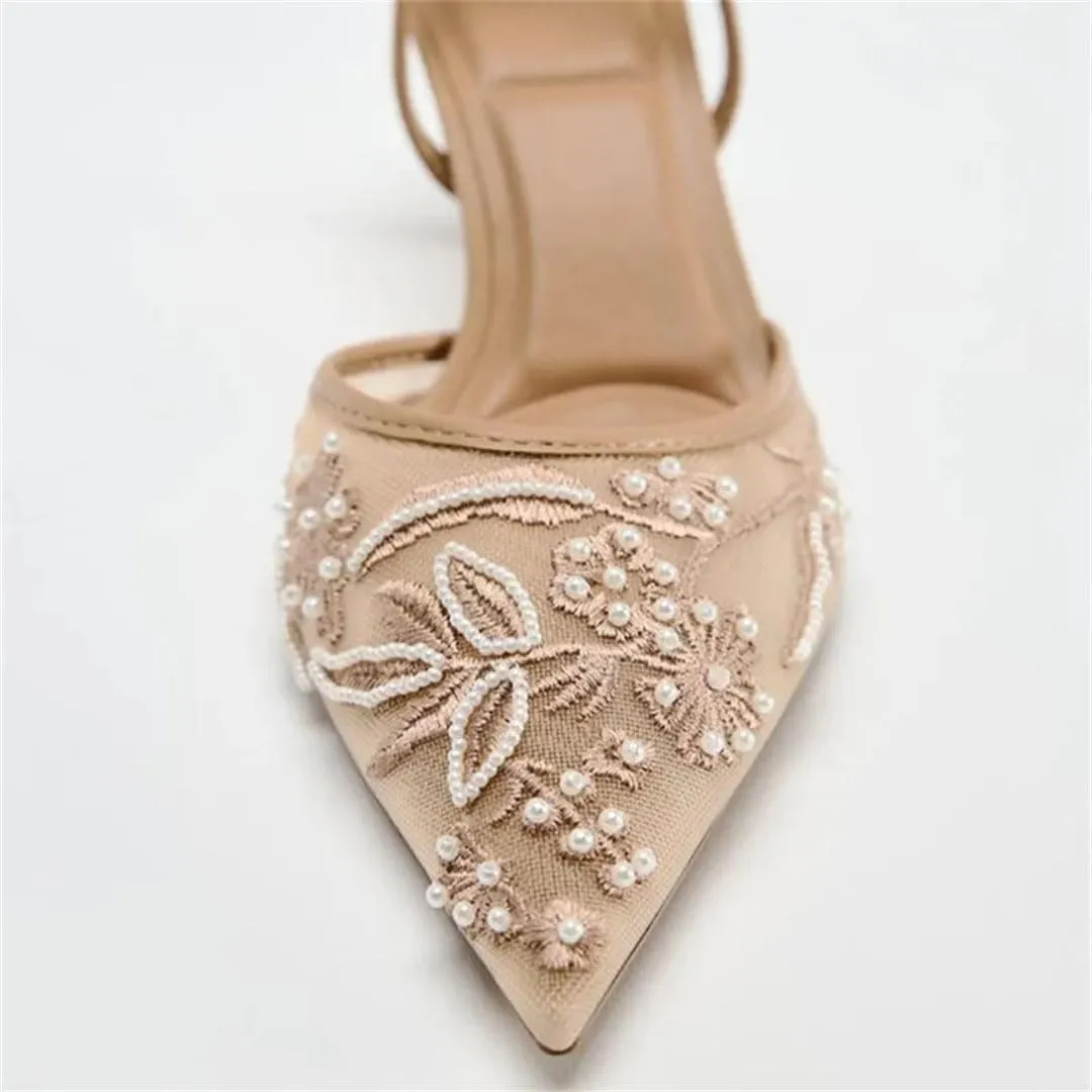 Women Embroidery Pointed Toe High Heels Sexy Slingback Heeled Sandals With Bead Ankle Strap Elegant Banquet Shoes