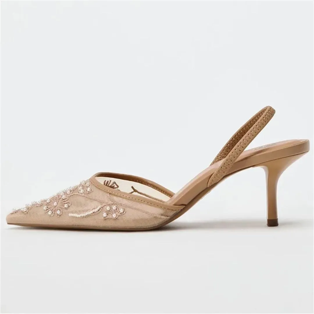 Women Embroidery Pointed Toe High Heels Sexy Slingback Heeled Sandals With Bead Ankle Strap Elegant Banquet Shoes