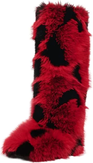 Women Furry Faux Fur Snow Boots Fluffy Fuzzy Comfy Knee High Boot Colorful Round Toe Flat Shoes Rubber Sole Outdoor Indoor Fashion Party