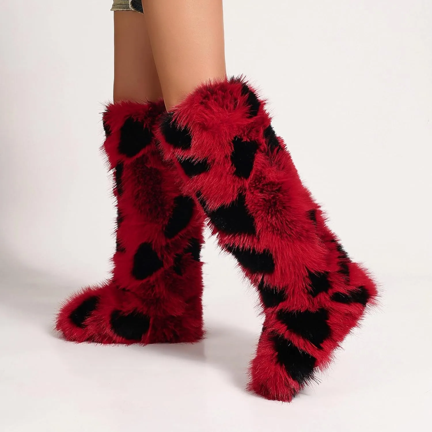 Women Furry Faux Fur Snow Boots Fluffy Fuzzy Comfy Knee High Boot Colorful Round Toe Flat Shoes Rubber Sole Outdoor Indoor Fashion Party