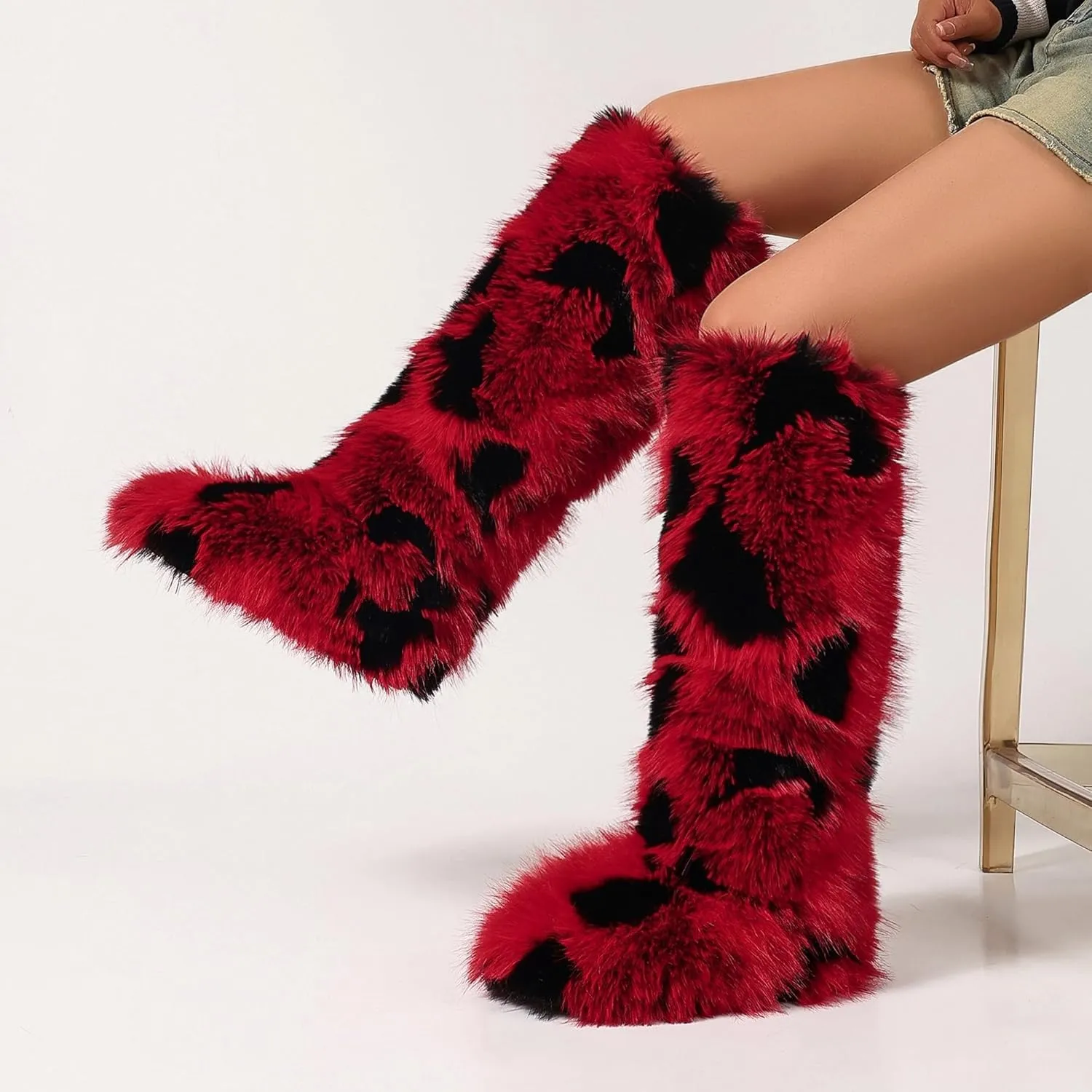 Women Furry Faux Fur Snow Boots Fluffy Fuzzy Comfy Knee High Boot Colorful Round Toe Flat Shoes Rubber Sole Outdoor Indoor Fashion Party