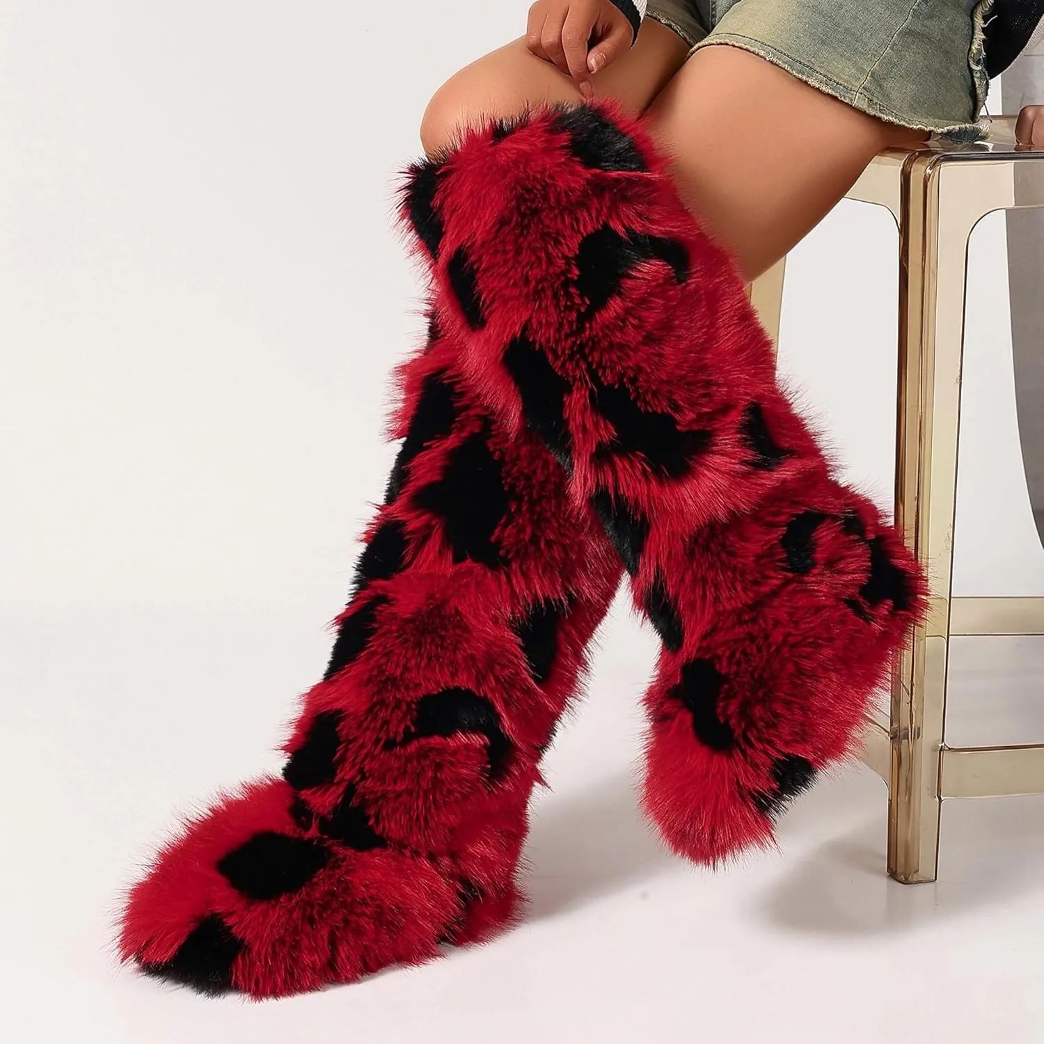 Women Furry Faux Fur Snow Boots Fluffy Fuzzy Comfy Knee High Boot Colorful Round Toe Flat Shoes Rubber Sole Outdoor Indoor Fashion Party