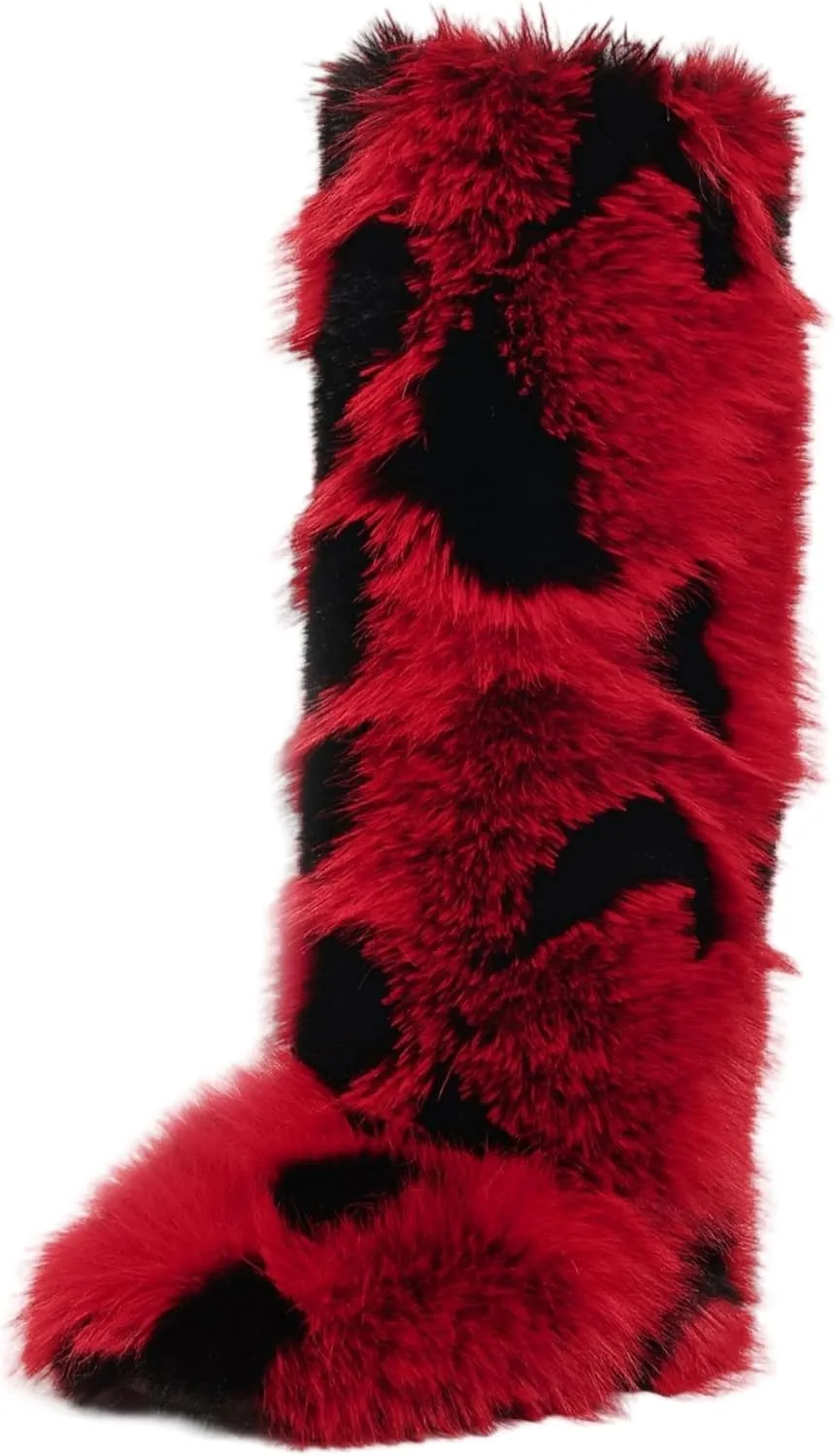 Women Furry Faux Fur Snow Boots Fluffy Fuzzy Comfy Knee High Boot Colorful Round Toe Flat Shoes Rubber Sole Outdoor Indoor Fashion Party