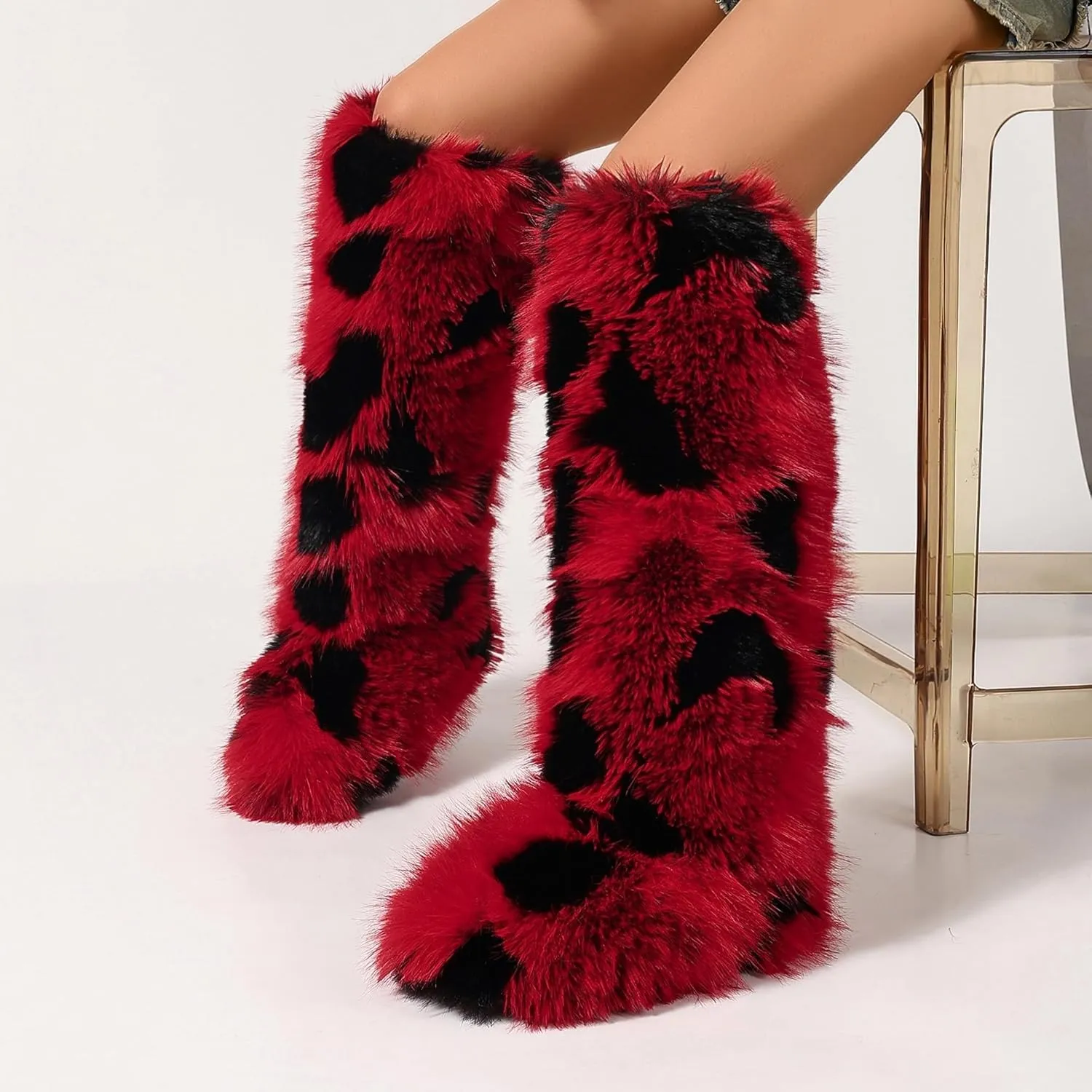 Women Furry Faux Fur Snow Boots Fluffy Fuzzy Comfy Knee High Boot Colorful Round Toe Flat Shoes Rubber Sole Outdoor Indoor Fashion Party