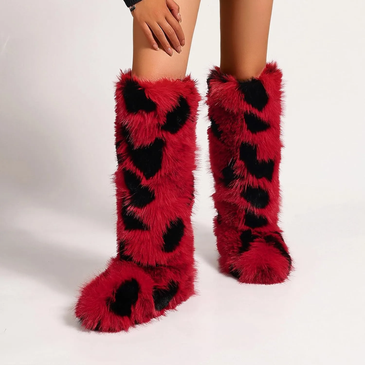 Women Furry Faux Fur Snow Boots Fluffy Fuzzy Comfy Knee High Boot Colorful Round Toe Flat Shoes Rubber Sole Outdoor Indoor Fashion Party