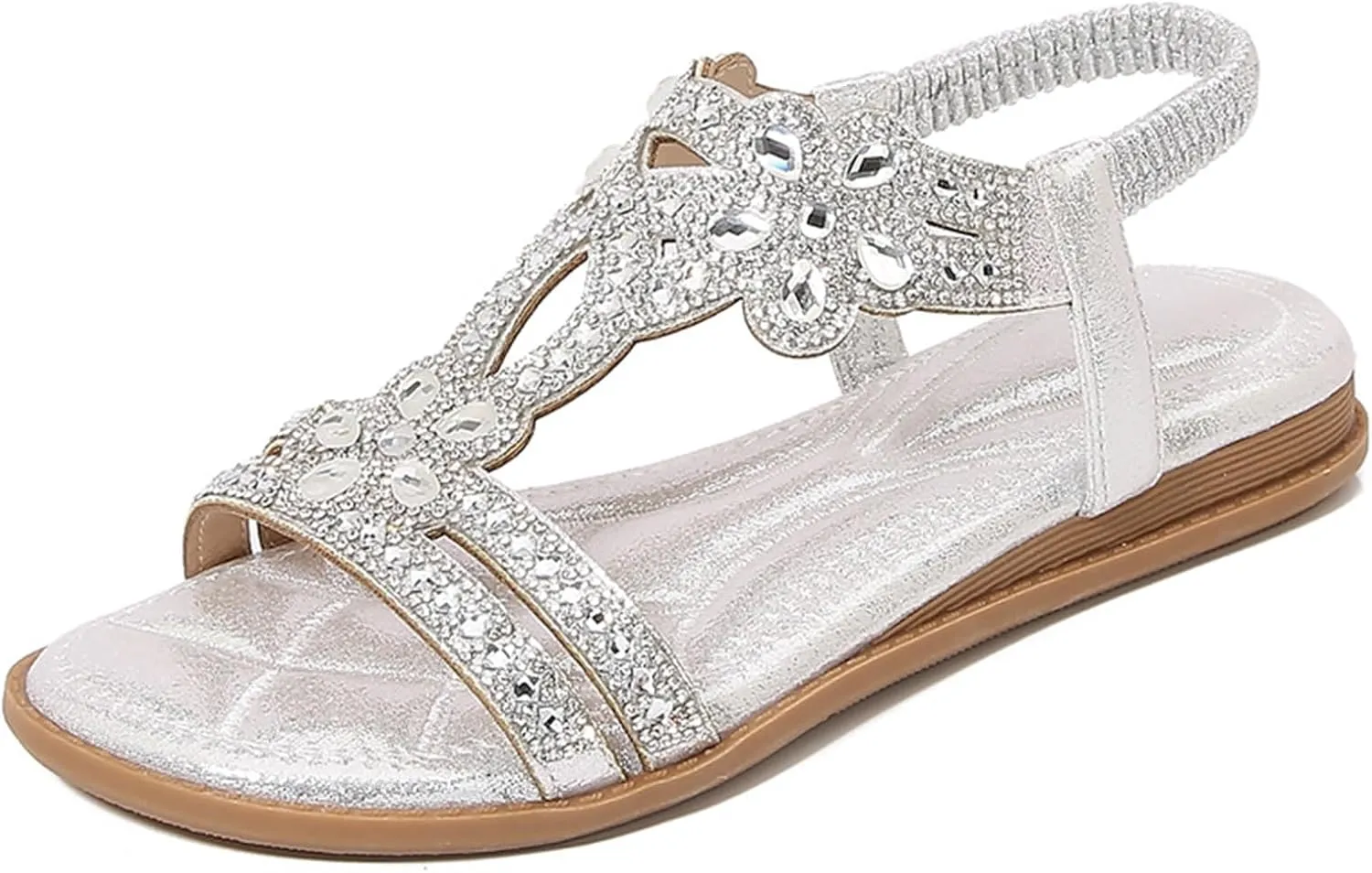 Women Rhinestone Sandals T-Strap Bohemian Pearl Crystal Flat Sandals Trendy Sparkling Dress Beach Shoes Beautiful Ladies' Elegant Flat Sandal for Summer
