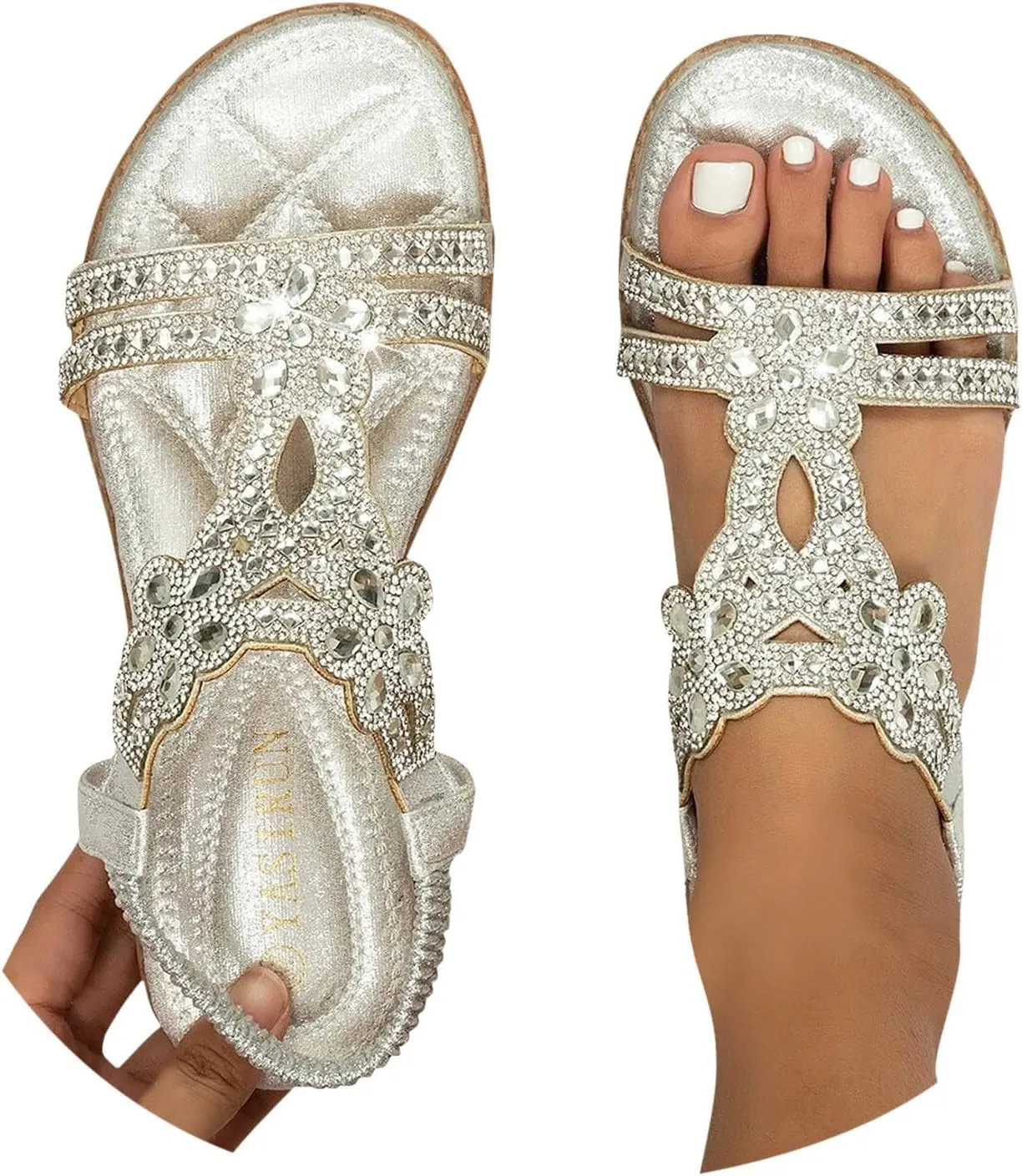 Women Rhinestone Sandals T-Strap Bohemian Pearl Crystal Flat Sandals Trendy Sparkling Dress Beach Shoes Beautiful Ladies' Elegant Flat Sandal for Summer