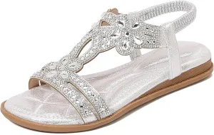 Women Rhinestone Sandals T-Strap Bohemian Pearl Crystal Flat Sandals Trendy Sparkling Dress Beach Shoes Beautiful Ladies' Elegant Flat Sandal for Summer