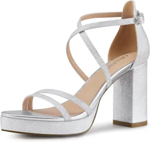 Women Strappy Platform Heels: 3.4 Inch Chunky Heeled Sandals, Comfortable Sexy Block High Heels, for Prom Party Bridal Wedding Black White Silver Nude Dressy Shoes