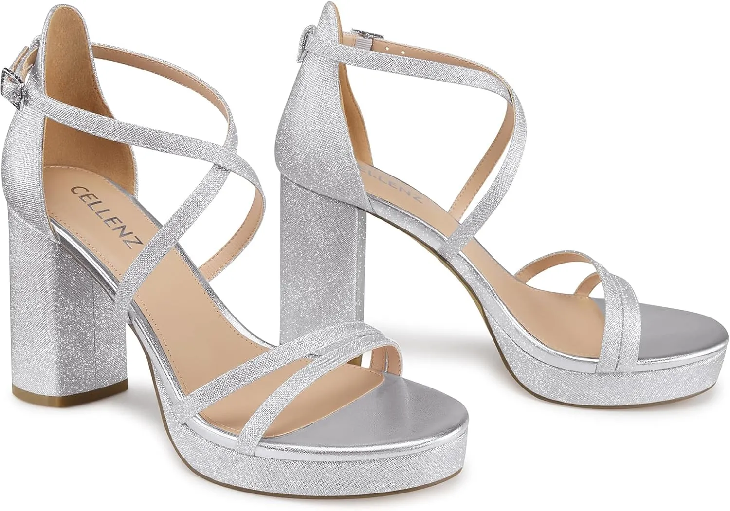 Women Strappy Platform Heels: 3.4 Inch Chunky Heeled Sandals, Comfortable Sexy Block High Heels, for Prom Party Bridal Wedding Black White Silver Nude Dressy Shoes