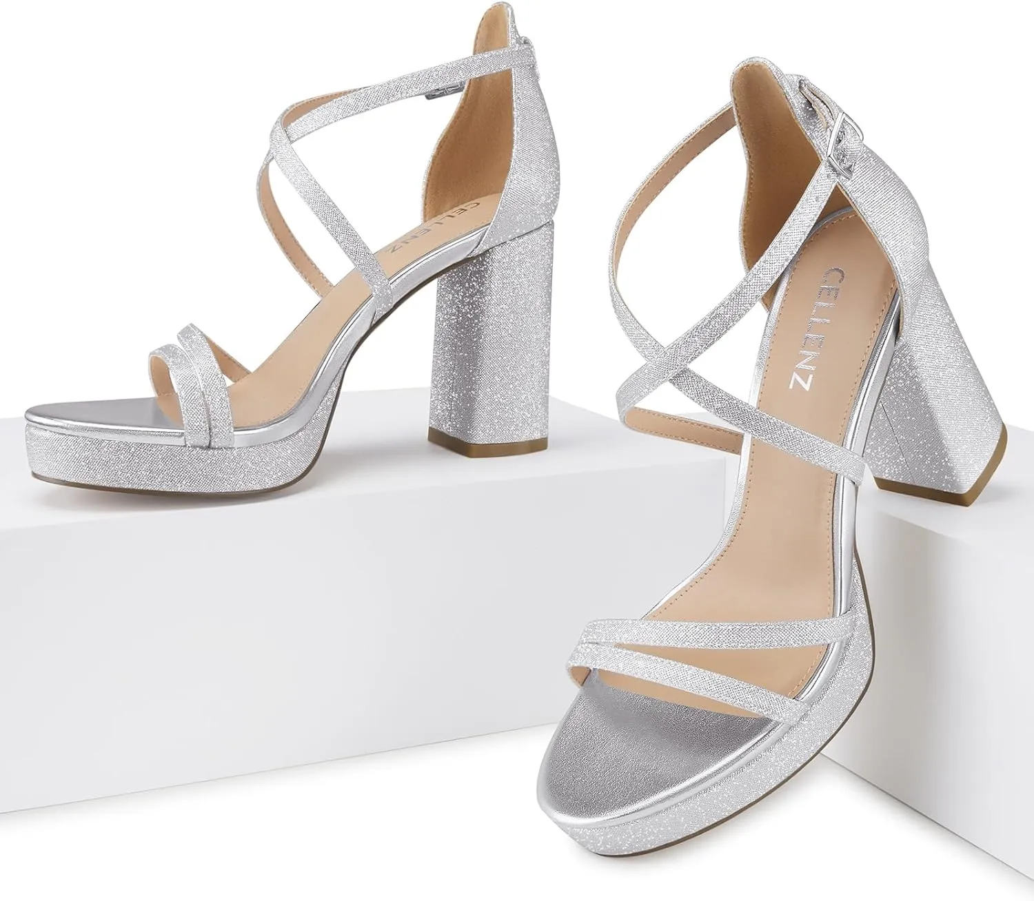 Women Strappy Platform Heels: 3.4 Inch Chunky Heeled Sandals, Comfortable Sexy Block High Heels, for Prom Party Bridal Wedding Black White Silver Nude Dressy Shoes