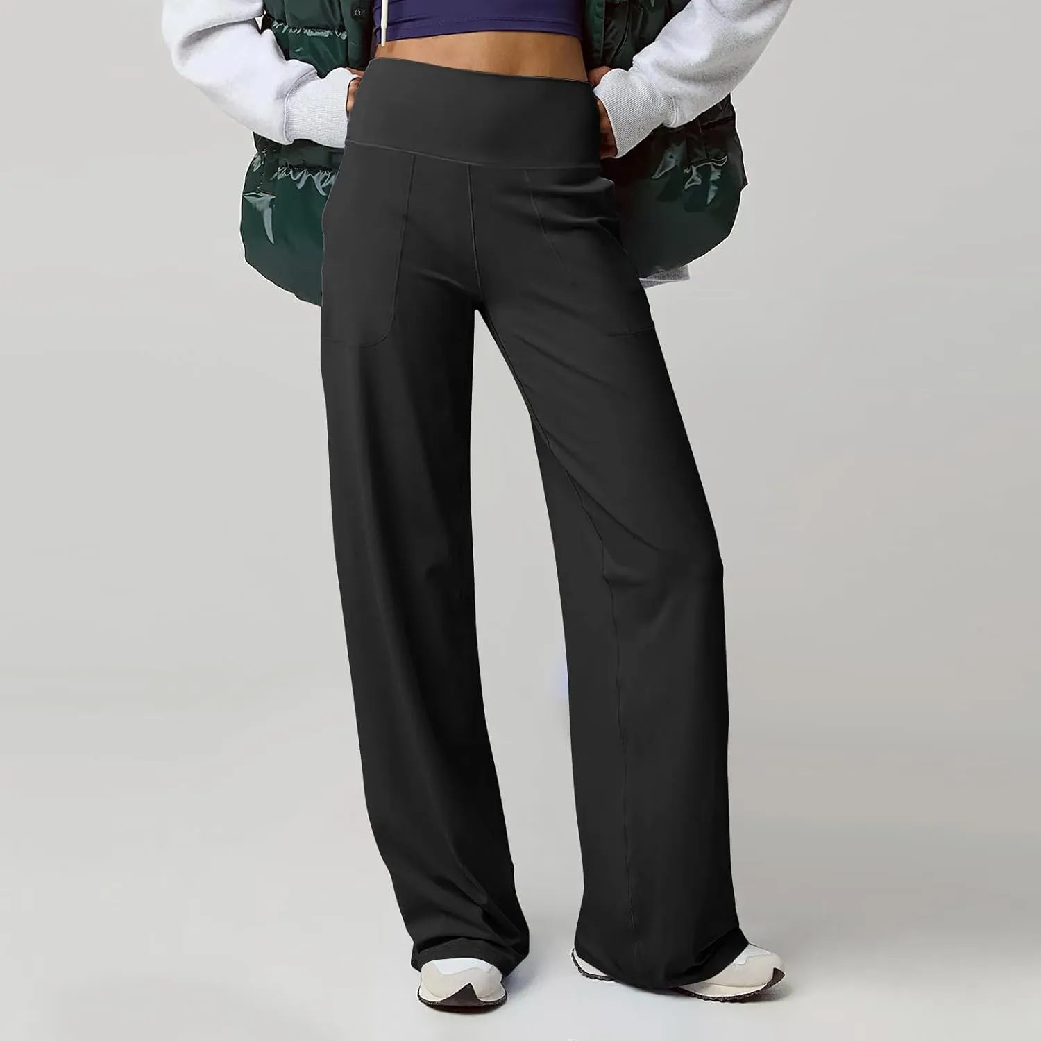 Women Wide Leg Yoga Pants with Pockets High Waist Stretch Dress Pants Tummy Control Straight Leg Lounge Sweatpant