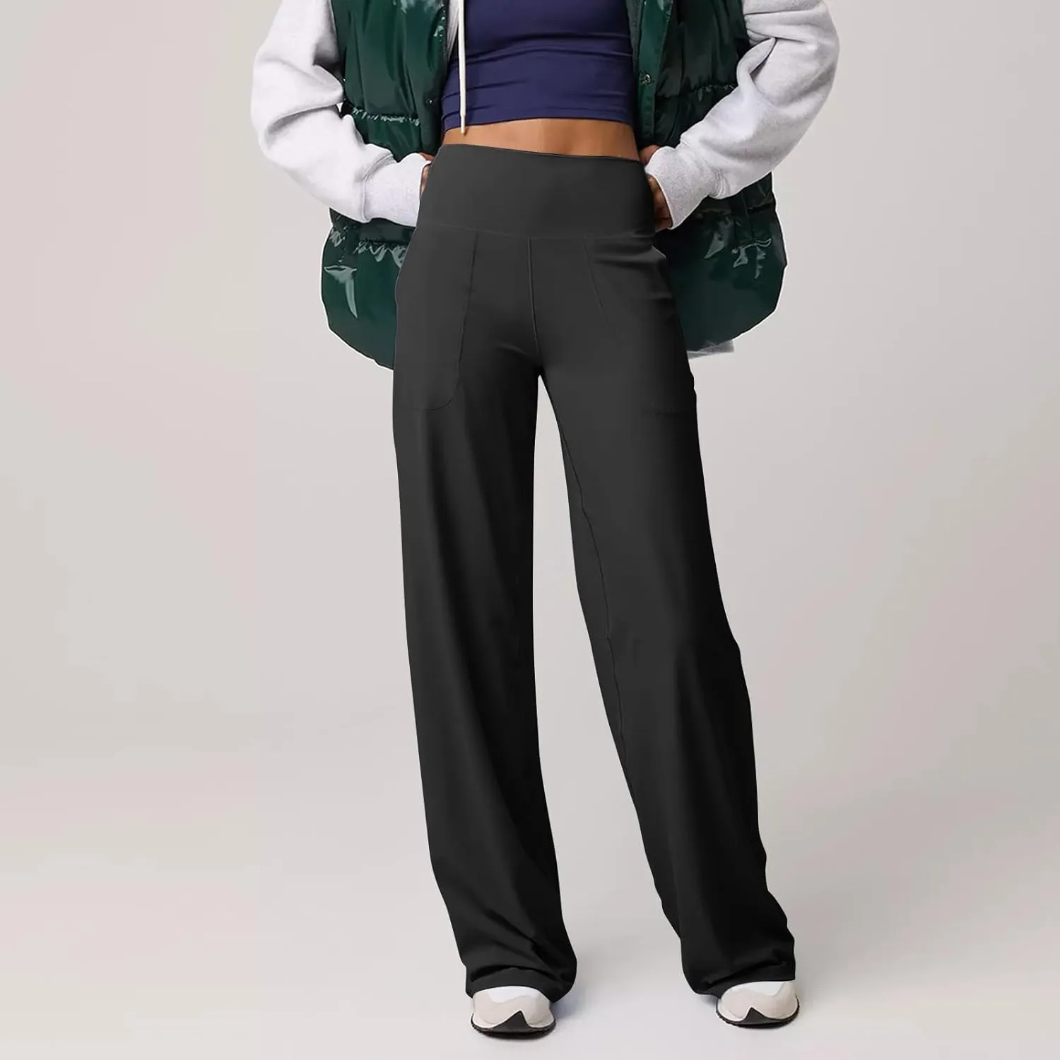 Women Wide Leg Yoga Pants with Pockets High Waist Stretch Dress Pants Tummy Control Straight Leg Lounge Sweatpant