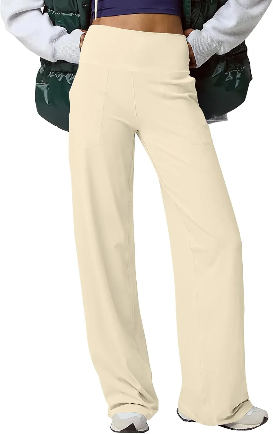 Women Wide Leg Yoga Pants with Pockets High Waist Stretch Dress Pants Tummy Control Straight Leg Lounge Sweatpant
