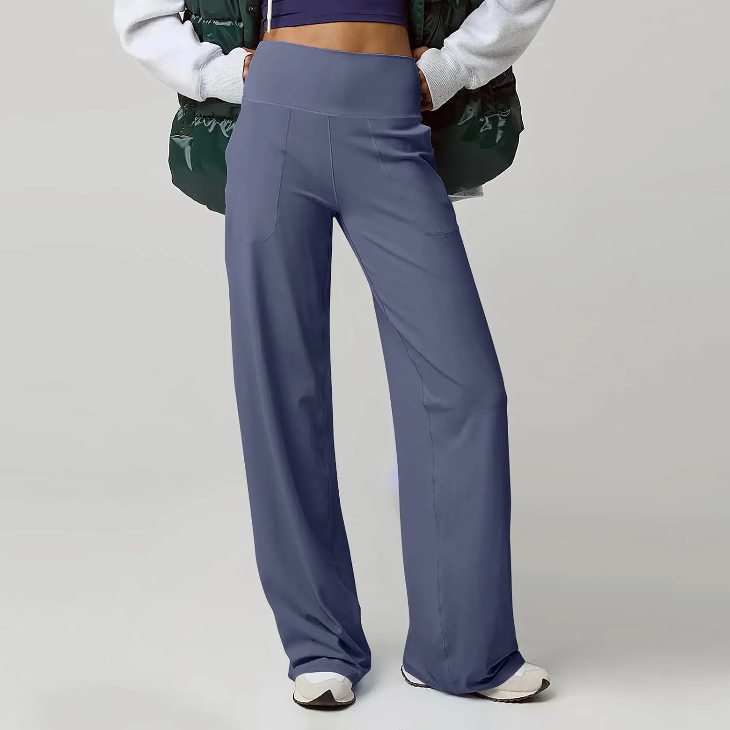 Women Wide Leg Yoga Pants with Pockets High Waist Stretch Dress Pants Tummy Control Straight Leg Lounge Sweatpant