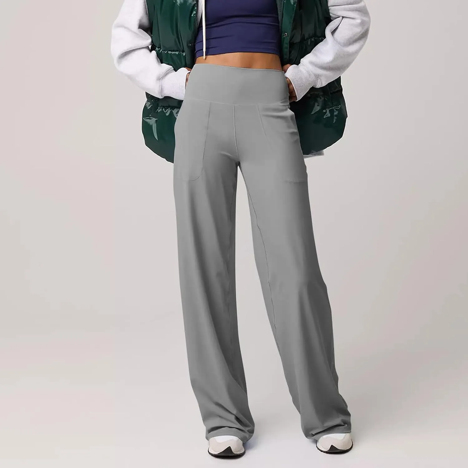 Women Wide Leg Yoga Pants with Pockets High Waist Stretch Dress Pants Tummy Control Straight Leg Lounge Sweatpant