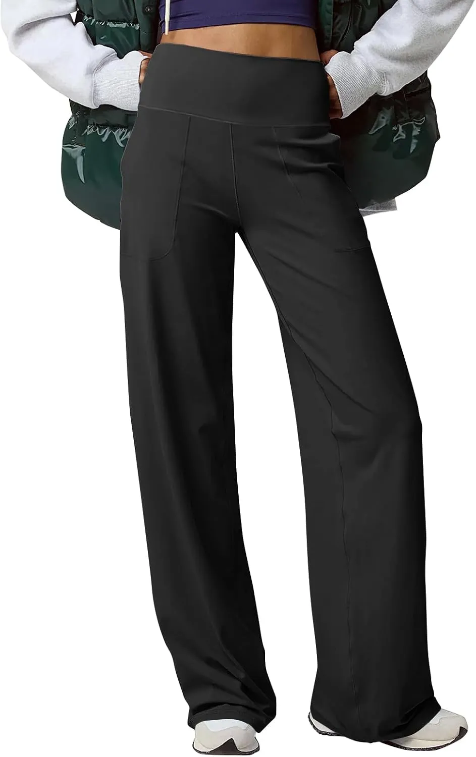 Women Wide Leg Yoga Pants with Pockets High Waist Stretch Dress Pants Tummy Control Straight Leg Lounge Sweatpant