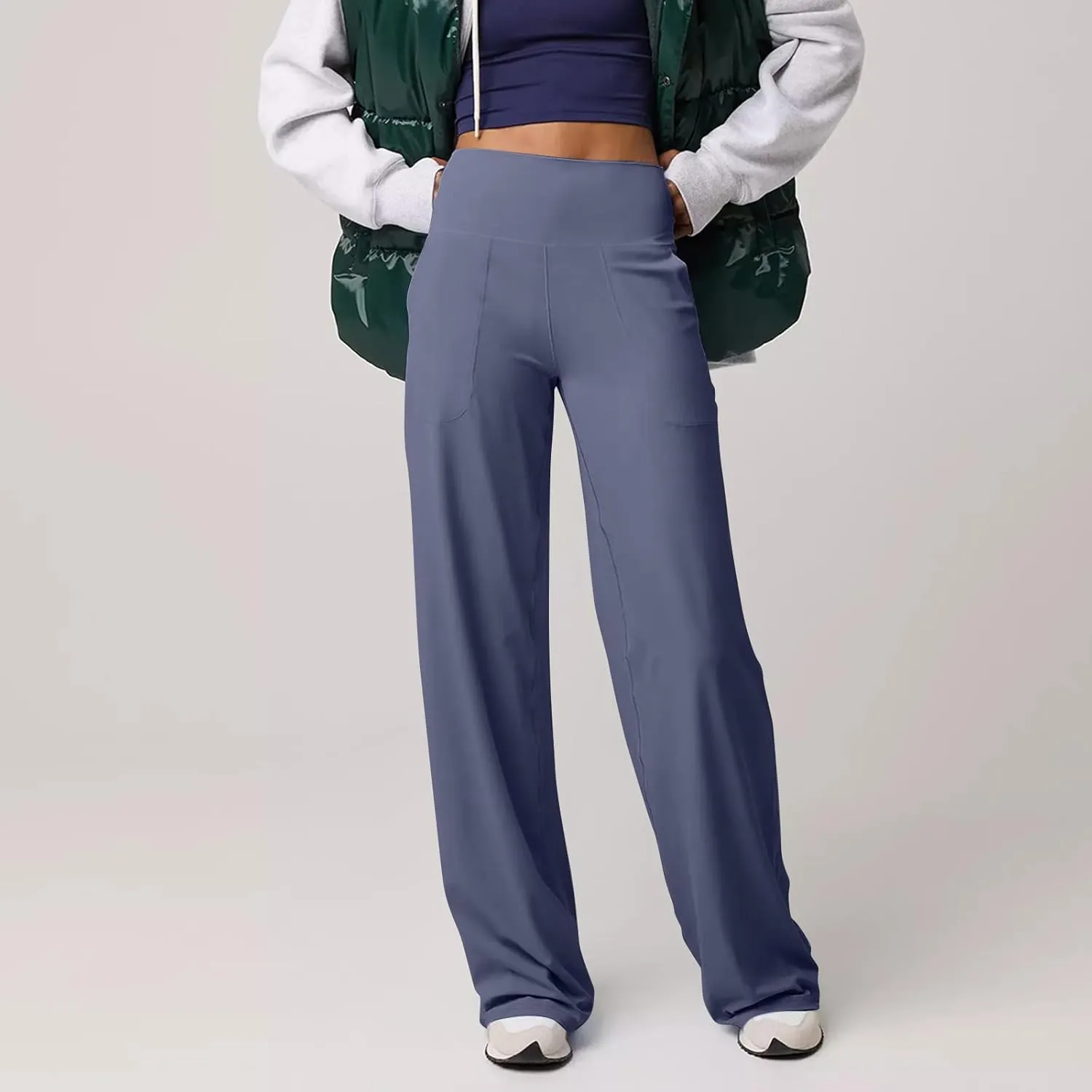 Women Wide Leg Yoga Pants with Pockets High Waist Stretch Dress Pants Tummy Control Straight Leg Lounge Sweatpant
