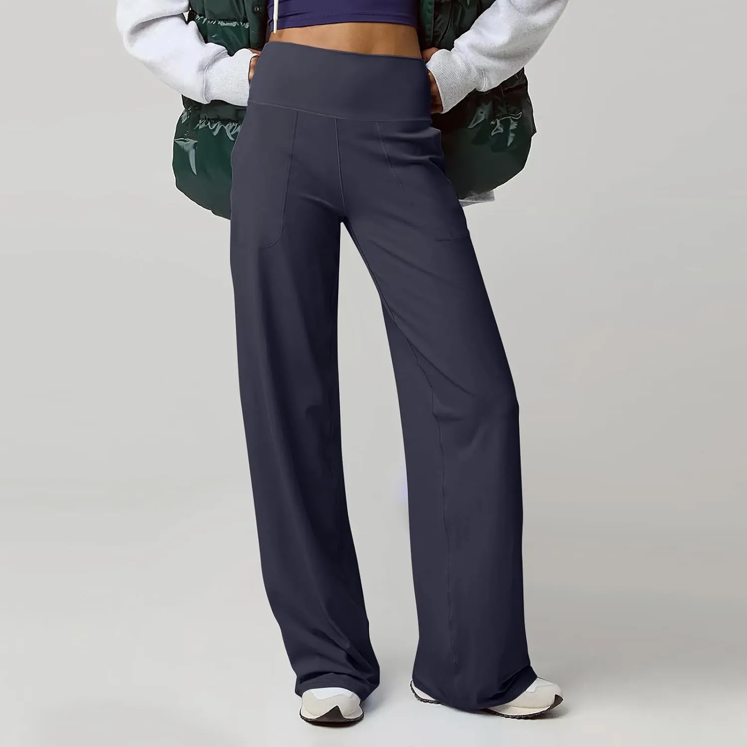 Women Wide Leg Yoga Pants with Pockets High Waist Stretch Dress Pants Tummy Control Straight Leg Lounge Sweatpant