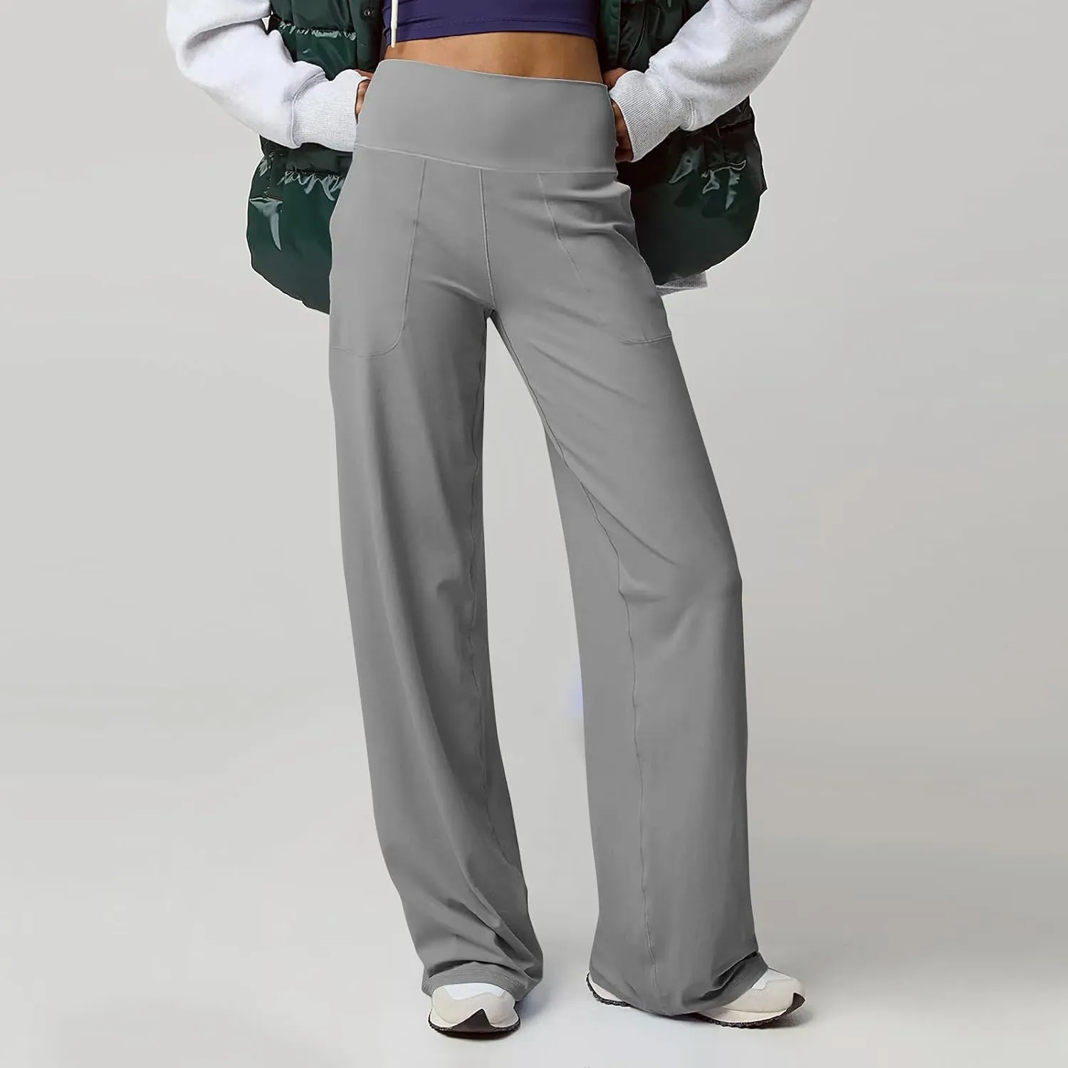 Women Wide Leg Yoga Pants with Pockets High Waist Stretch Dress Pants Tummy Control Straight Leg Lounge Sweatpant