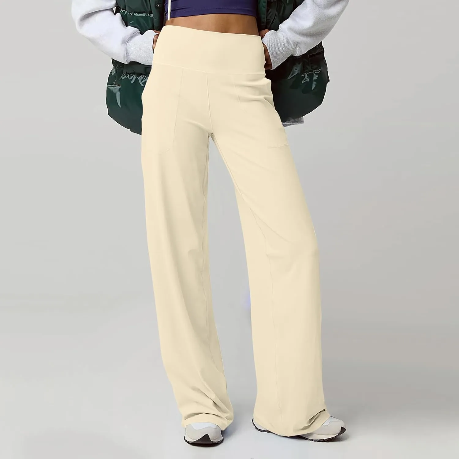 Women Wide Leg Yoga Pants with Pockets High Waist Stretch Dress Pants Tummy Control Straight Leg Lounge Sweatpant