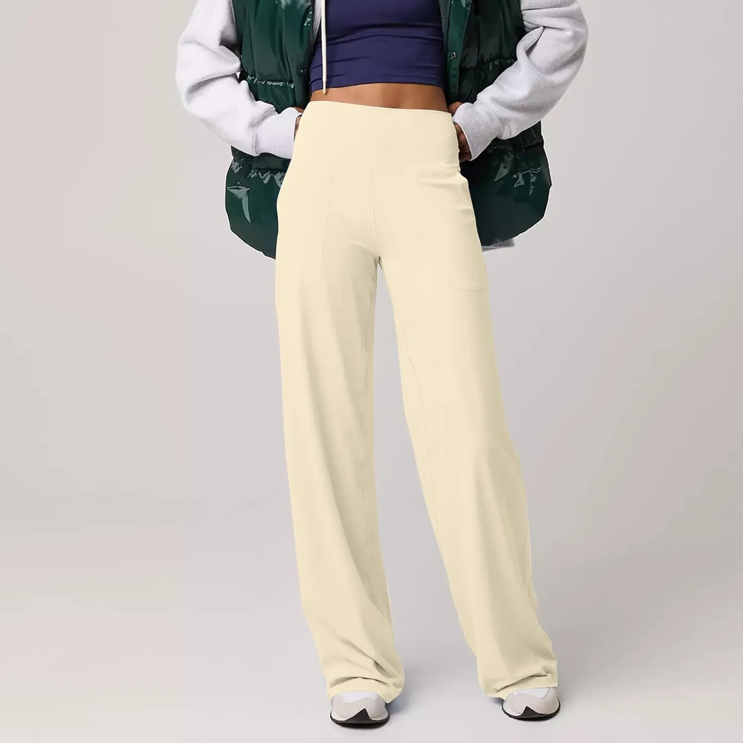Women Wide Leg Yoga Pants with Pockets High Waist Stretch Dress Pants Tummy Control Straight Leg Lounge Sweatpant