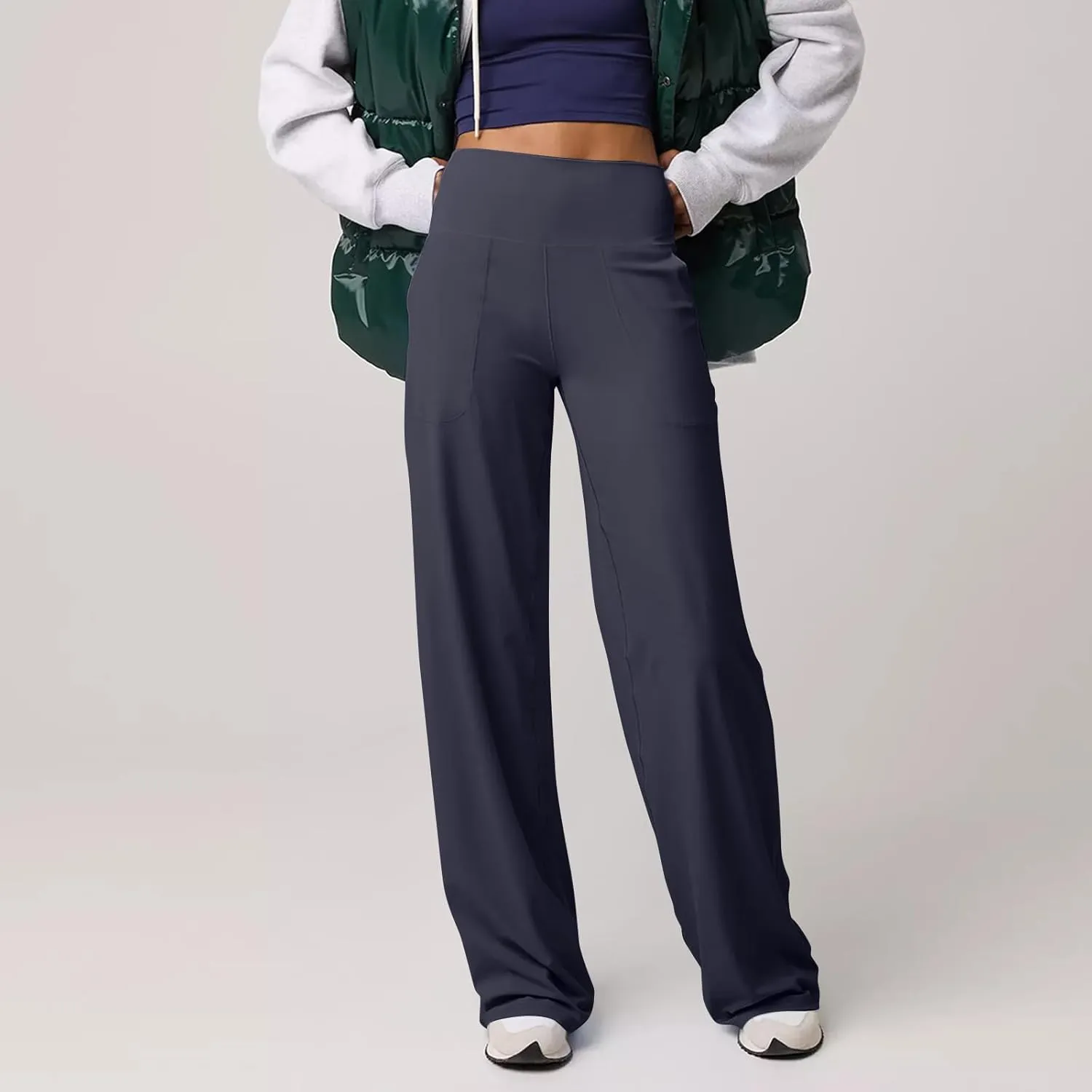 Women Wide Leg Yoga Pants with Pockets High Waist Stretch Dress Pants Tummy Control Straight Leg Lounge Sweatpant