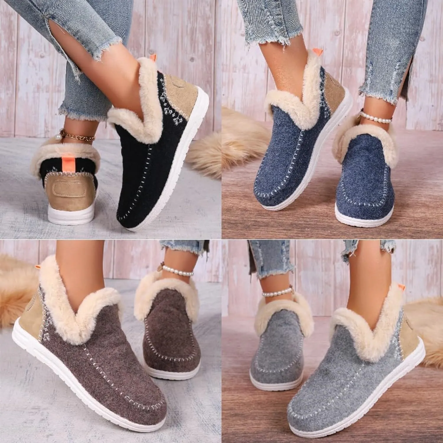 Women Winter Soft Plush Slip-on Sneakers for Cozy Feet,Warm Faux Fur Lining Anti-Slip Loafer Outdoor Plush Short Booties