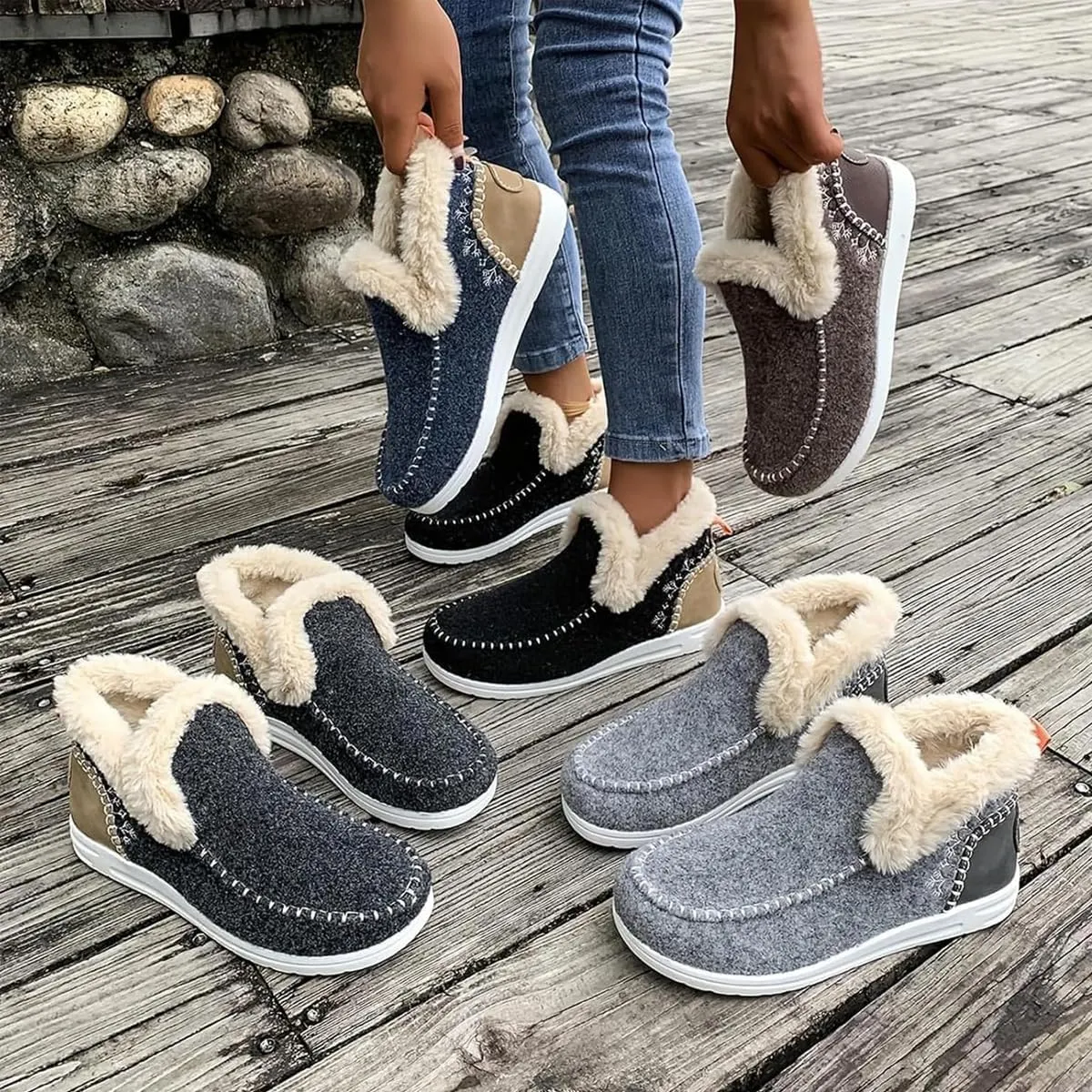 Women Winter Soft Plush Slip-on Sneakers for Cozy Feet,Warm Faux Fur Lining Anti-Slip Loafer Outdoor Plush Short Booties