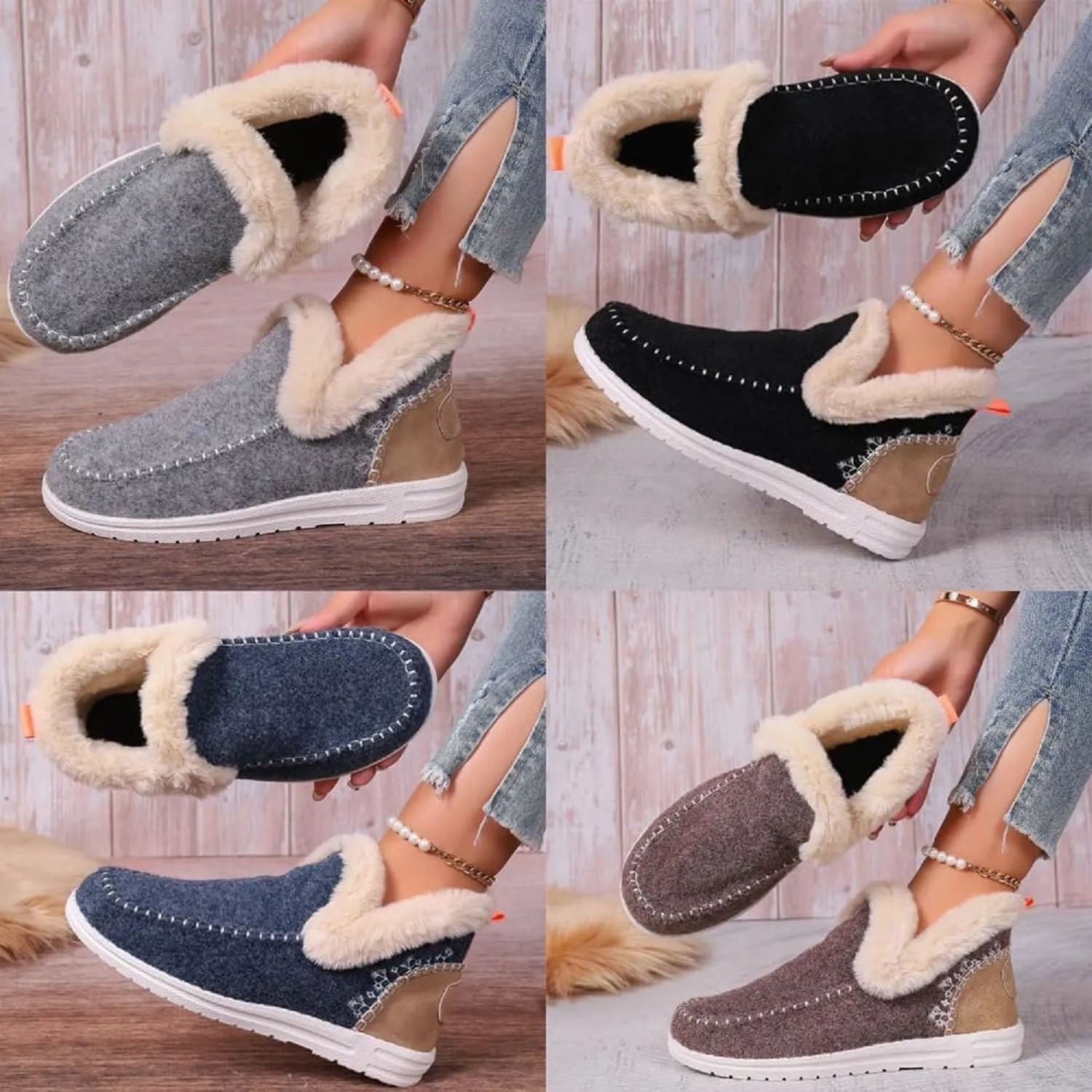Women Winter Soft Plush Slip-on Sneakers for Cozy Feet,Warm Faux Fur Lining Anti-Slip Loafer Outdoor Plush Short Booties