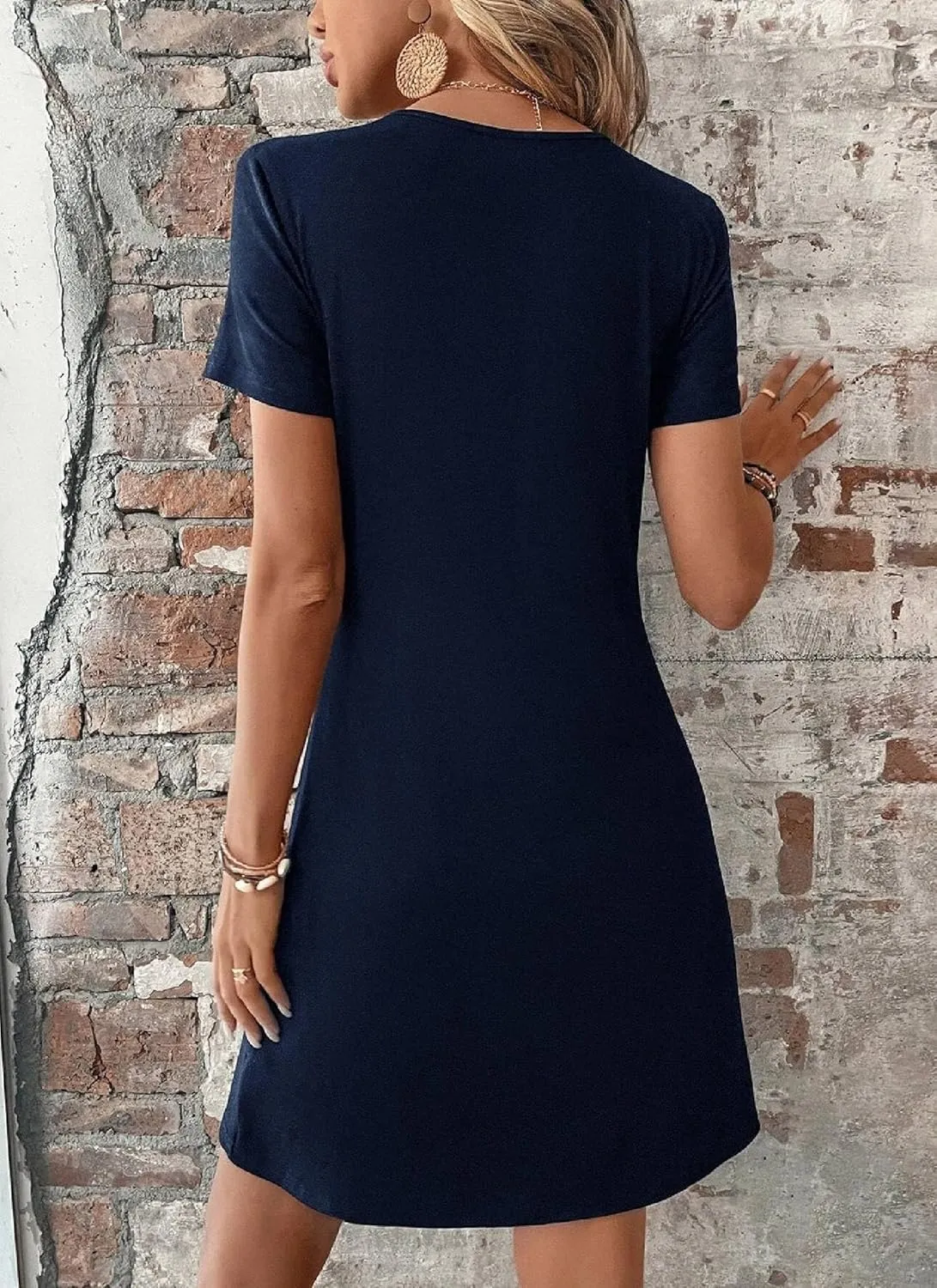 Womens 2025 Summer Sexy Simple Navy Twist Front V Neck Short Sleeve Solid Color A-Line Dinner Party Mini Dress