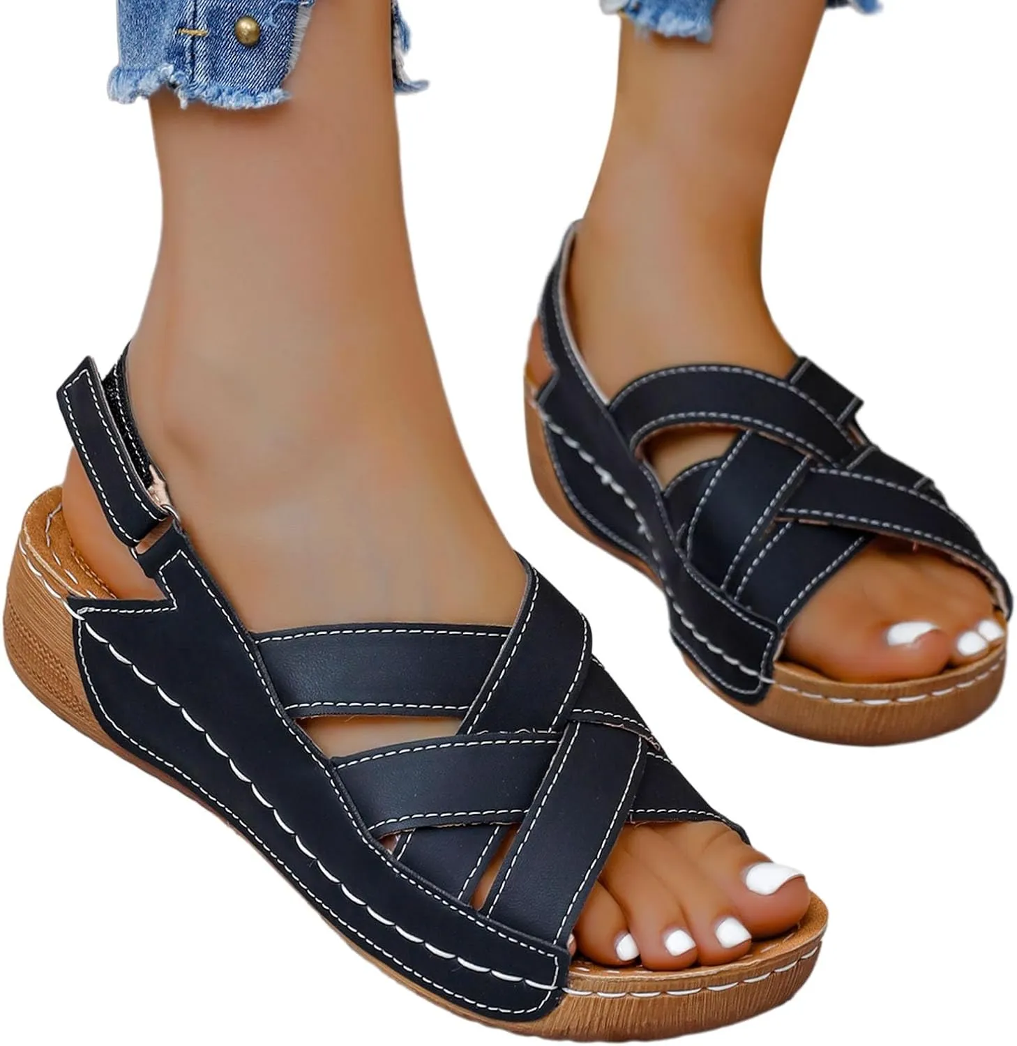 Womens Ankle Strap Sandals Walking Hiking Summer Beach Flats Shoes Comfort Open Toe Comfortable Dressy Arch Support Wedges Sandals Round Bottom Buckle Wide Width Beach Slippers Orthotic Shoes