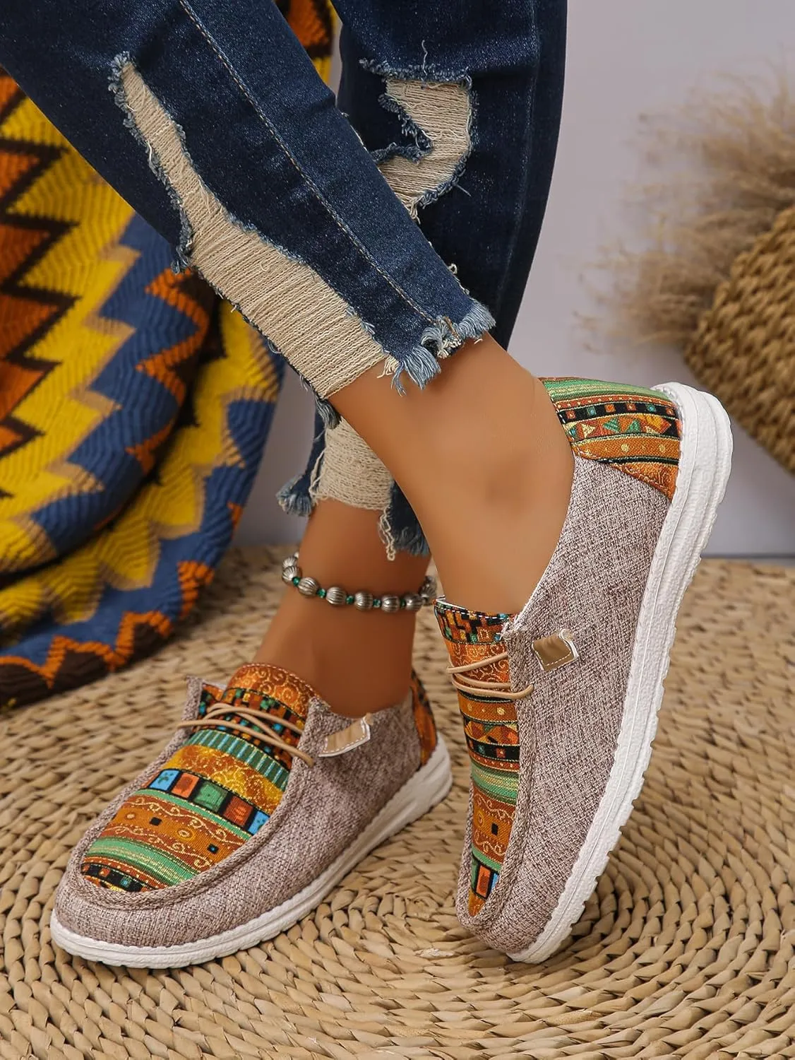 Women's Aztec Print Slip-On Loafers - Elastic Lace Comfort Shoes, Lightweight Foam Sole, Orthotic Support for Daily Wear, Trendy Casual Sneakers (US 6-11)