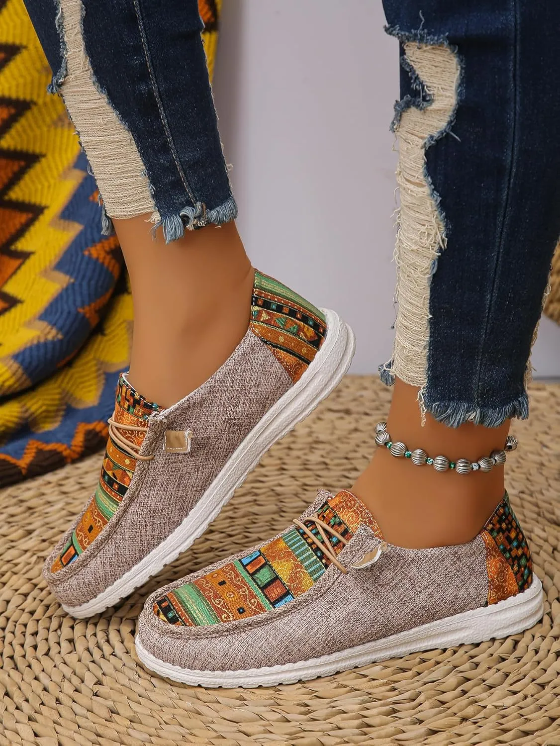 Women's Aztec Print Slip-On Loafers - Elastic Lace Comfort Shoes, Lightweight Foam Sole, Orthotic Support for Daily Wear, Trendy Casual Sneakers (US 6-11)