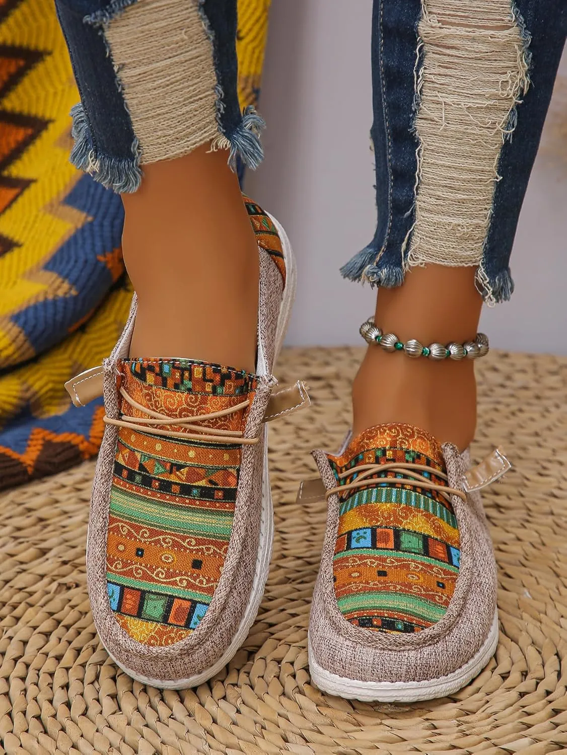 Women's Aztec Print Slip-On Loafers - Elastic Lace Comfort Shoes, Lightweight Foam Sole, Orthotic Support for Daily Wear, Trendy Casual Sneakers (US 6-11)