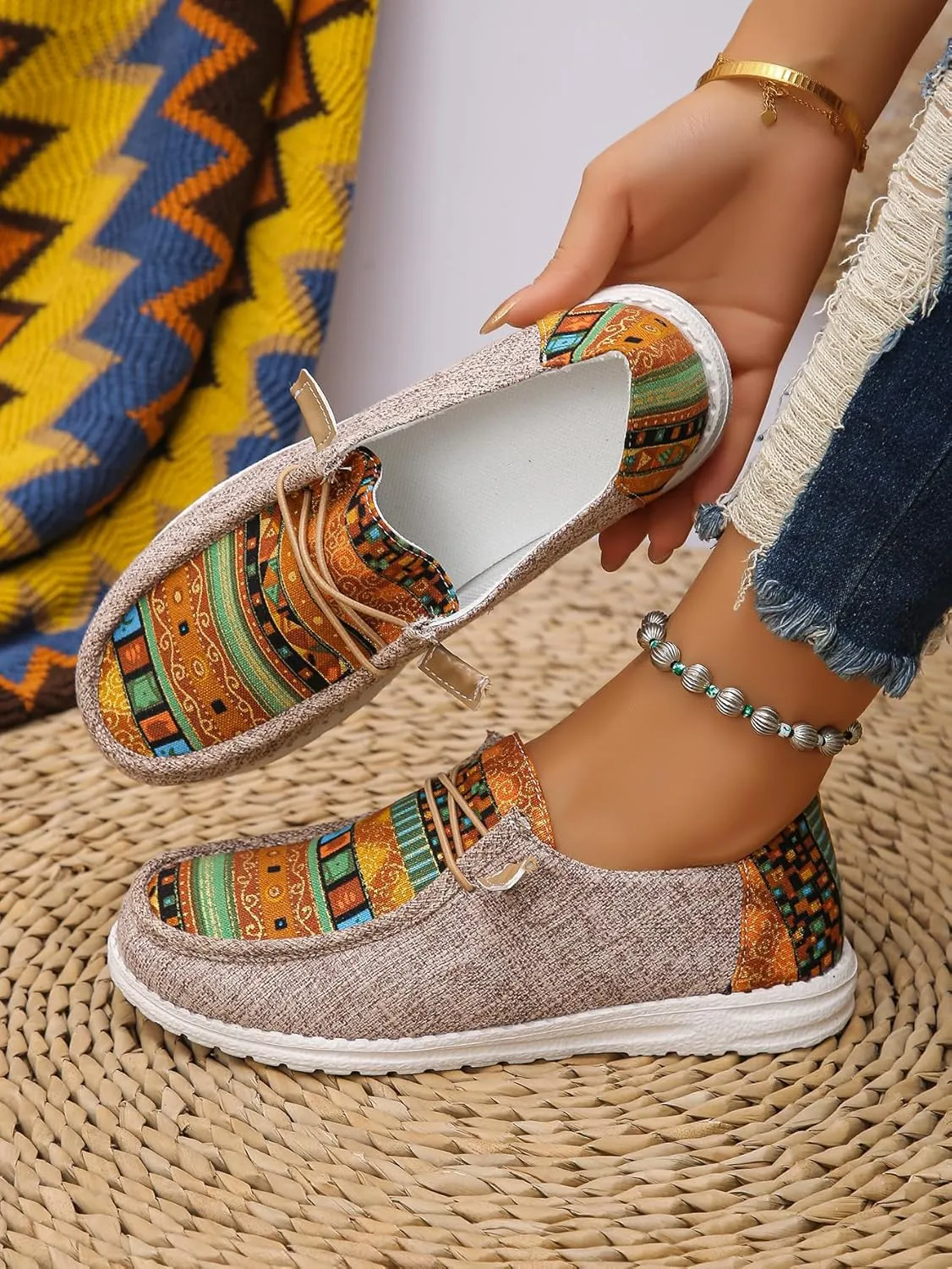 Women's Aztec Print Slip-On Loafers - Elastic Lace Comfort Shoes, Lightweight Foam Sole, Orthotic Support for Daily Wear, Trendy Casual Sneakers (US 6-11)