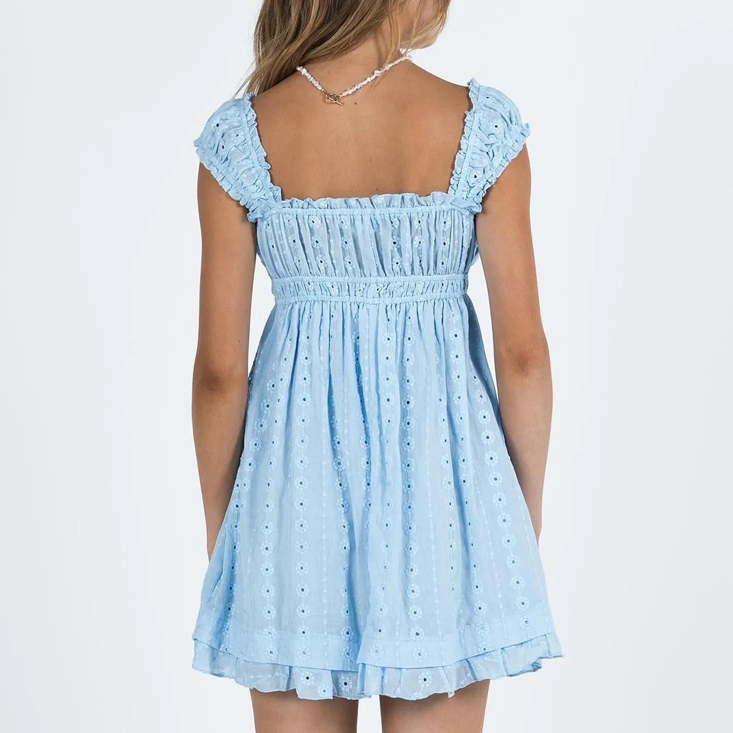 Women's Babydoll Mini Dress Floral Embroidery Summer Sleeveless Loose A Line Flowy Short Sundress for Beach Club Party