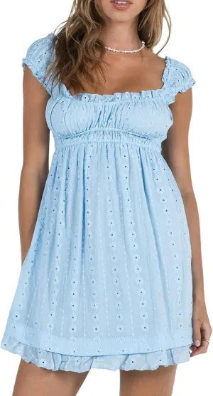 Women's Babydoll Mini Dress Floral Embroidery Summer Sleeveless Loose A Line Flowy Short Sundress for Beach Club Party